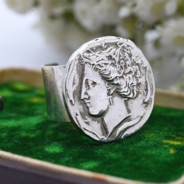 Vintage Sterling Silver Ancient Greek Goddess Coin Ring 1969 - Mid-Century Modernist | Adjustable Band | UK Size - P | US Size - 7 1/2