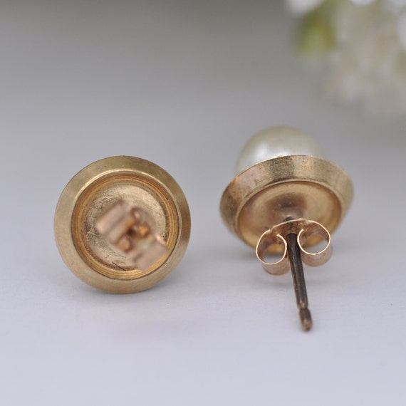 Vintage 9ct Gold Faux Pearl Stud Earrings - Diamo… - image 4