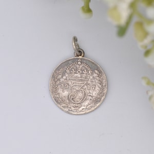 Antique Silver George V Three Pence 1917 Coin Charm Pendant - Silver Coin Jewellery