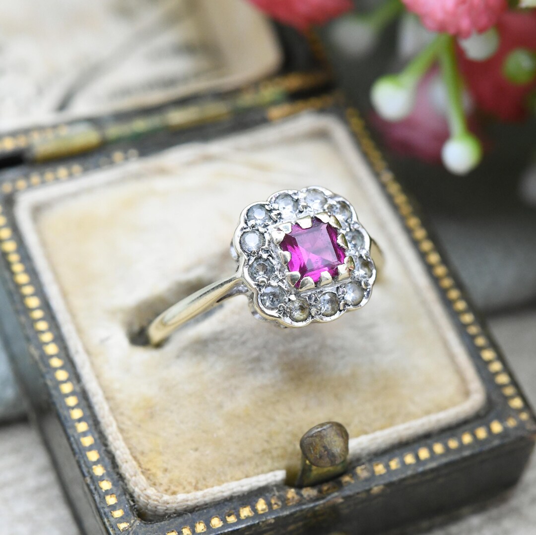 Vintage 9ct Gold Ruby Square Halo Ring 1969 With Clear Stone Cluster ...