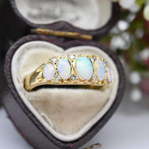 Bague gitane vintage en or 18 carats et diamants opale cinq pierres cabochon ovale Style neo antiquite Mid Century Taille britannique M 1 2 Taille US 6 1 2 Etsy France