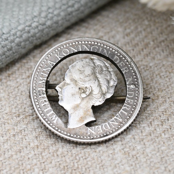 Antique Silver Netherlands Coin Brooch 1921 Wilhe… - image 1