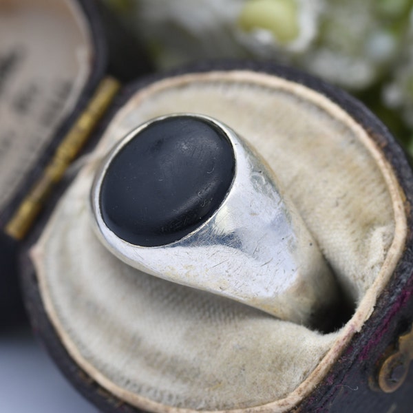 Vintage Sterling Silver Onyx Signet Ring - Large Black Stone | Circle Cabochon | UK Size - N 1/2 | US Size - 7