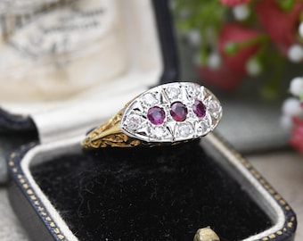 Vintage 18k guldring med rubiner och diamanter i kristallfärgad ädelsten - Statement, en oväntad jubileumsgåva | UK storlek - O | US storlek - 7 1/4