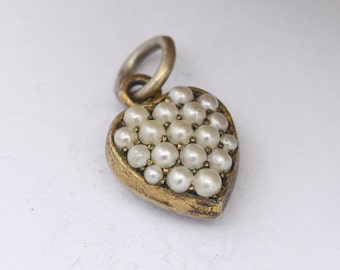 Antique Sterling Silver Heart Charm Pendant with Imitation Pearls - Edwardian Gold Gilt Jewellery | Small Love Heart | White Stones