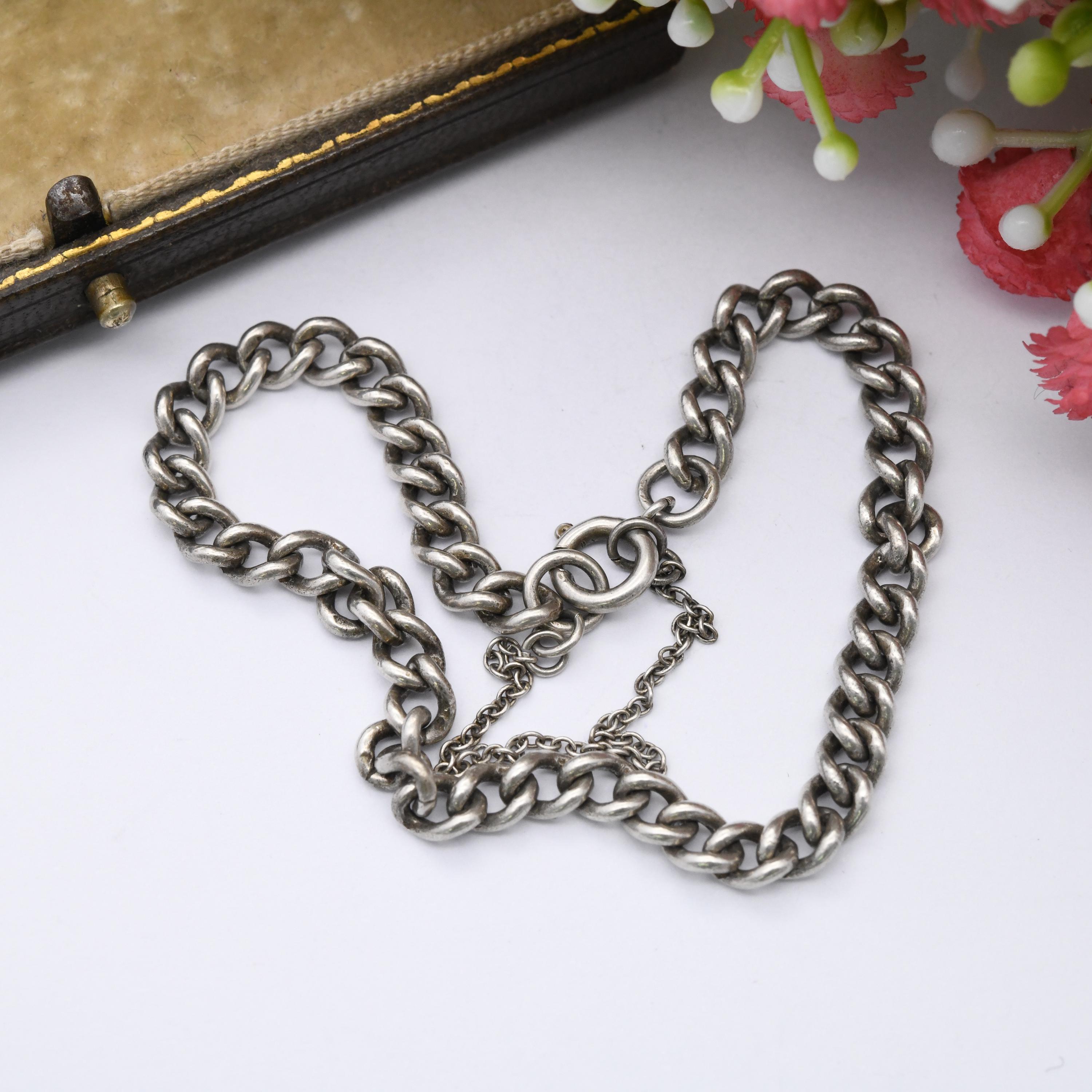 Gourmette Vintage Maille Une Avec Chaîne De Sécurité - Bijou Ancien Occasion