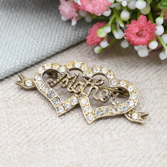 Vintage Sterling Silver Mother Heart Brooch With Clear Stone Crystals Gold Plated Love Hearts With Ribbon Sentimental Mum Jewellery Etsy