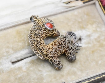 Vintage Chinese Export Silver Gilt Filigree Horse Pendant With Red