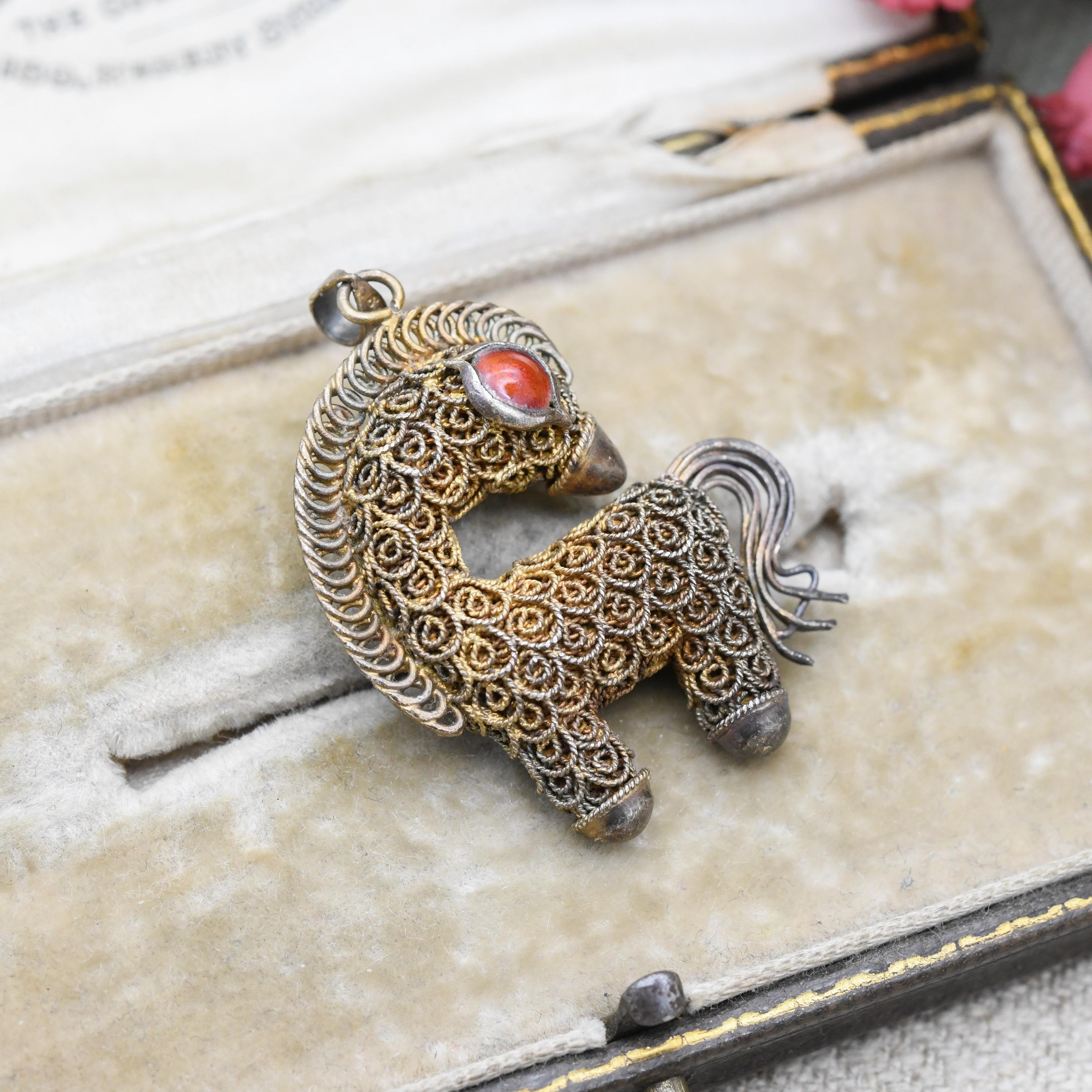 Vintage Chinese Export Silver Gilt Filigree Horse Pendant With Red