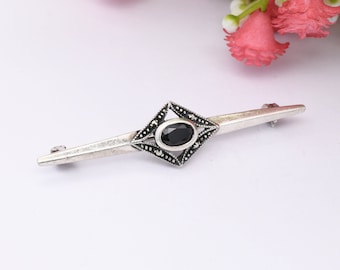 Vintage Sterling Silver Bar Brooch with Faceted Onyx and Marcasite - Art Deco Style