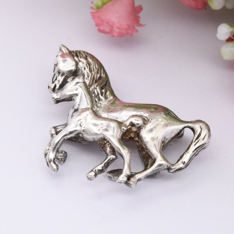 Vintage Sterling Silver Horse and Foal Brooch 1999 Novelty Animal Jewellery Gift for Horse Lover image 2