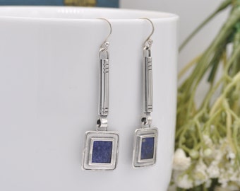 Vintage Sterling Silver Sodalite Drop Earrings - Articulated Square Drop