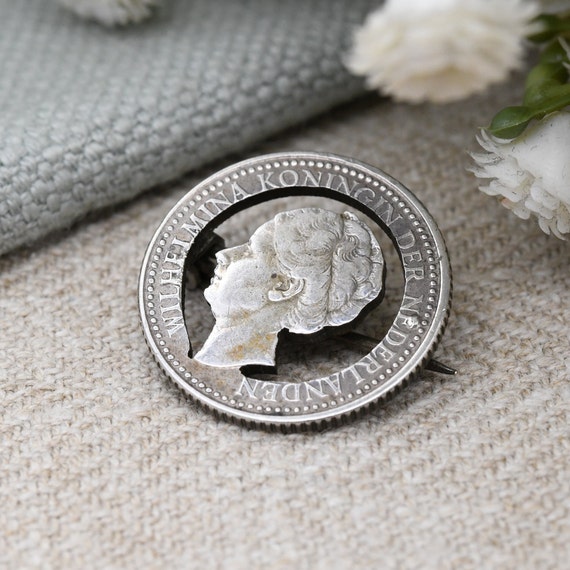 Antique Silver Netherlands Coin Brooch 1921 Wilhe… - image 2