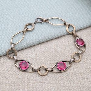 Vintage 12ct Rolled Gold and Silver Bracelet with Pink Paste Stones and Meander Links c. 1960s Signed