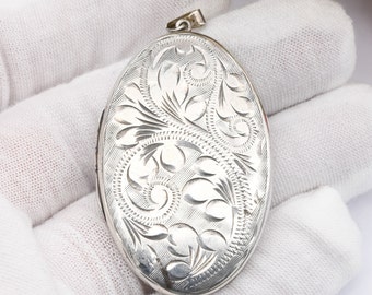 Vintage Sterling Silver Locket Pendant with Engraved Floral Design - Large Oval Locket