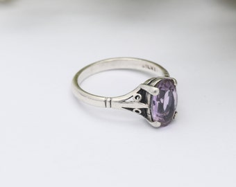 Vintage Sterling Silver Amethyst Ring - Dainty Solitaire | Large Purple Stone | UK Size - M 1/2 | US Size - 6 1/2