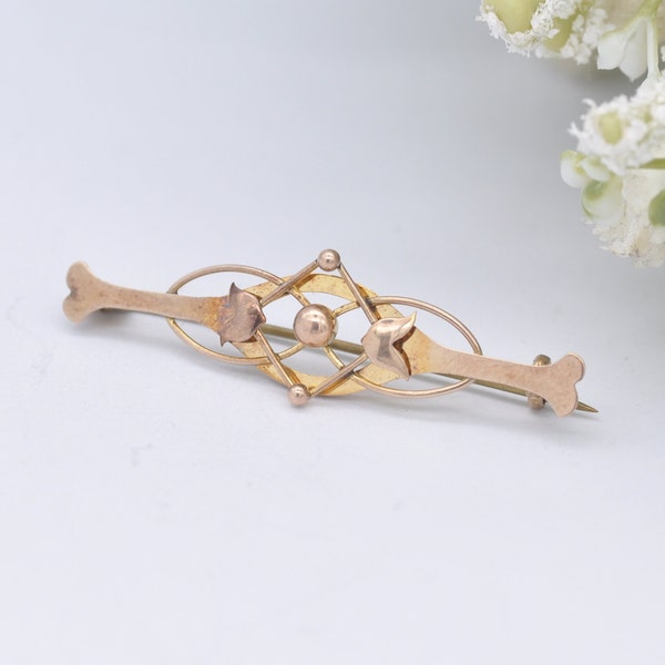 Edwardian 9ct Gold Brooch - Antique Gold / Floral Brooch Detailed / Ball and Lily Bar Brooch / Leaves / Pin