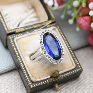 Antique Art Deco European Silver Ring with Large Blue Stone - c. 1920s 1930s Cocktail Statement Ring | UK Size - L | US Size - 5 3/4