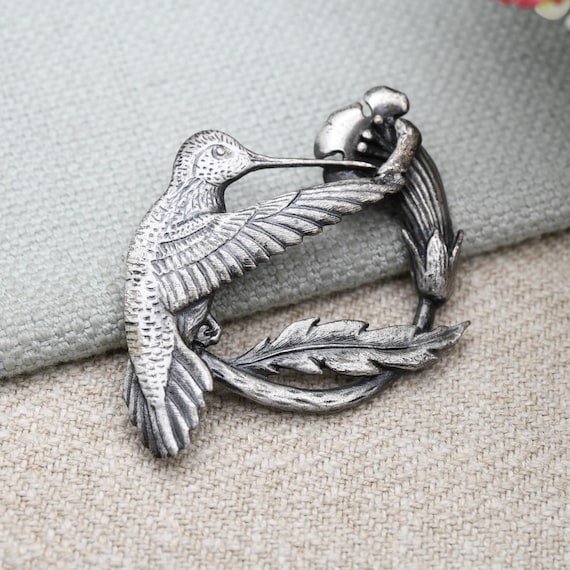 Vintage Pewter Hummingbird and Flower Brooch by Sid Bell Tully NY