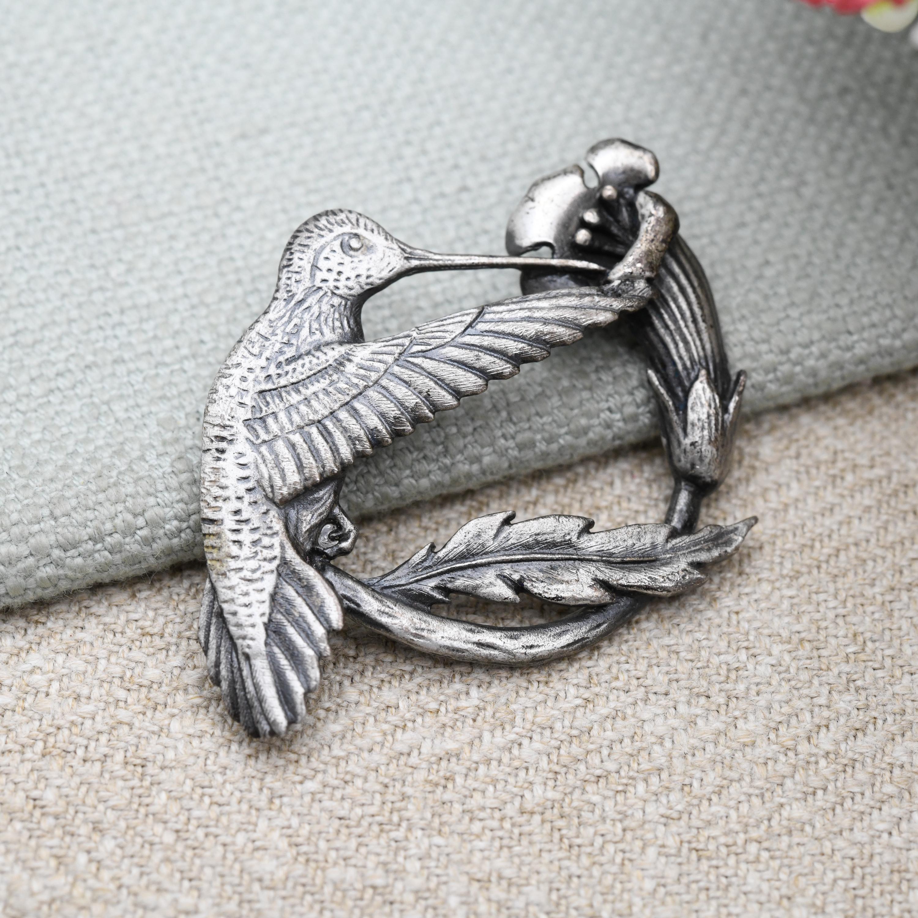 Vintage Pewter Hummingbird and Flower Brooch by Sid Bell Tully NY