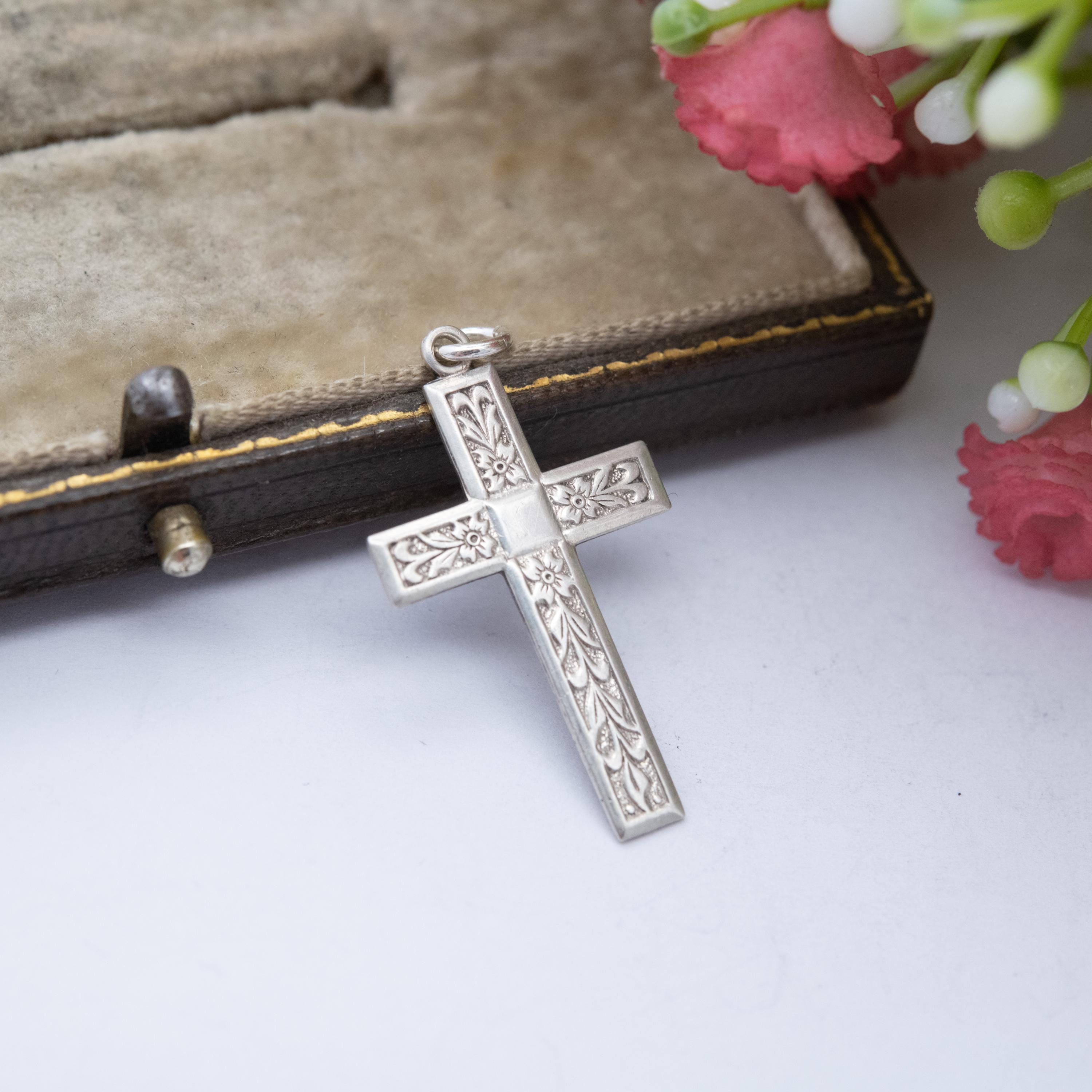 Vintage Sterling Silver Floral Cross Pendant - Textured Floral ...