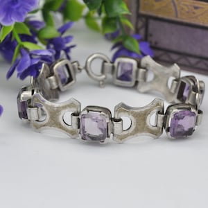 Vintage Mid-Century Sterling Silver Amethyst Bracelet - Textured Modernist Design