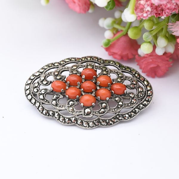 Broche ancienne en argent et corail marcassite - Pierres rouges cabochon | Épinglette décorative