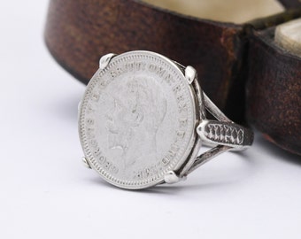 Vintage plata George V moneda de tres peniques 1936 anillo de sello - joyería de la familia real inglesa / tamaño del Reino Unido - H 1/2 / tamaño de EE.UU. - 4