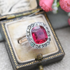 Vintage Art Deco 9 Karat Gold & Sterling Silber Paste Ring - Cocktail Statement Rubinrot und klare Paste Halo | UK-Größe - M | US-Größe - 6 1/4