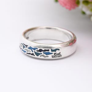 Vintage Sterling Silver Blue Enamel Band Ring - Surfer Style Jewellery | Unusual Men&#39;s Band Ring | Large UK Size -  T 1/2 | US Size - 10