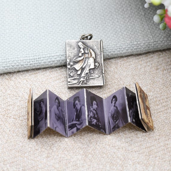 Antique Meiji Japanese Geisha Girl Locket Pendant with Miniature Photo Album Inside - Opening Book Charm with Kimono Girls Early Photographs