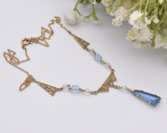 Antique Andreas Daub Rolled Gold Necklace with Blue Glass Drop Pendant A*D - Openwork Flower Design