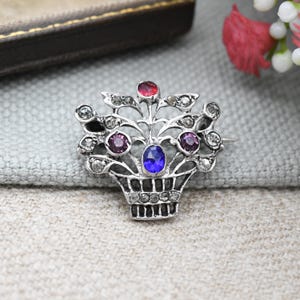 Antique Silver and Paste Giardinetti Brooch c. 1910s - Basket of Flowers Jewellery Statement Colourful Sparkly Brooch Gift | Rose Cut Stones
