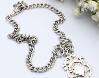 Antique Sterling Silver Double Albert Chain with Watch Fob & Dog Clip 1915 - Curb Link | Pocket Watch Chain Necklace Conversion