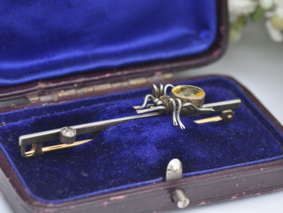 Antique Sterling Silver Spider Brooch Set with Ci… - image 2