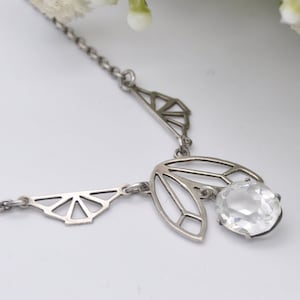 Antique Art Deco Silver Necklace with Cut Glass Crystal Paste Pendant Drop