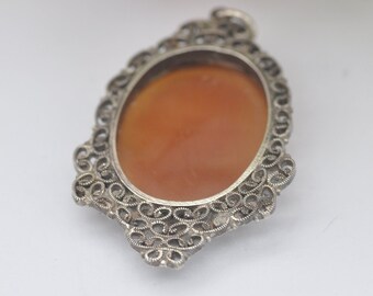Pendentif Ancien Camé Monture Argent Filigrané émaillé - Collier Mi-long Goutte - Argent 925