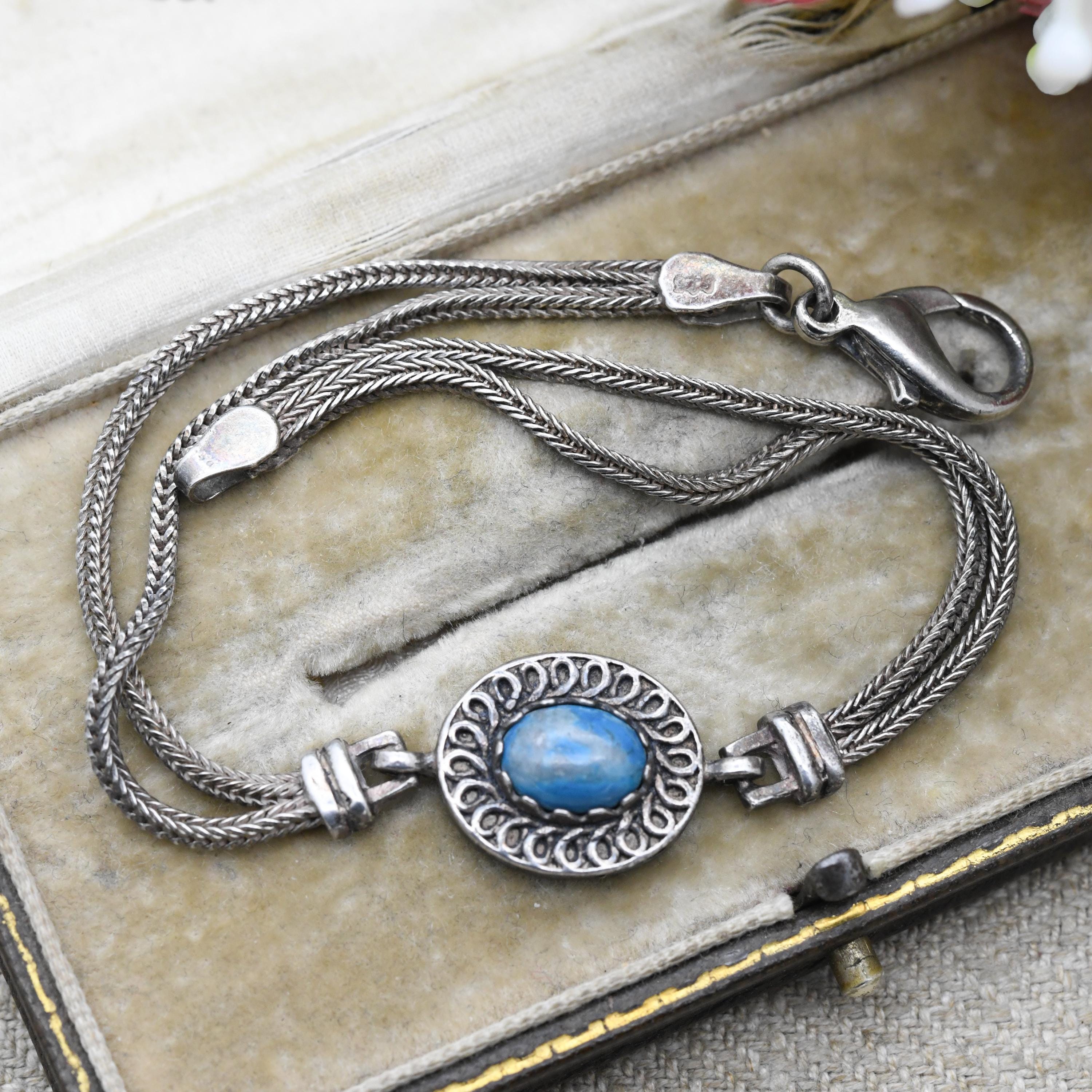 Vintage Sterling Silver Blue Stone Multi Strand Chain Bracelet 