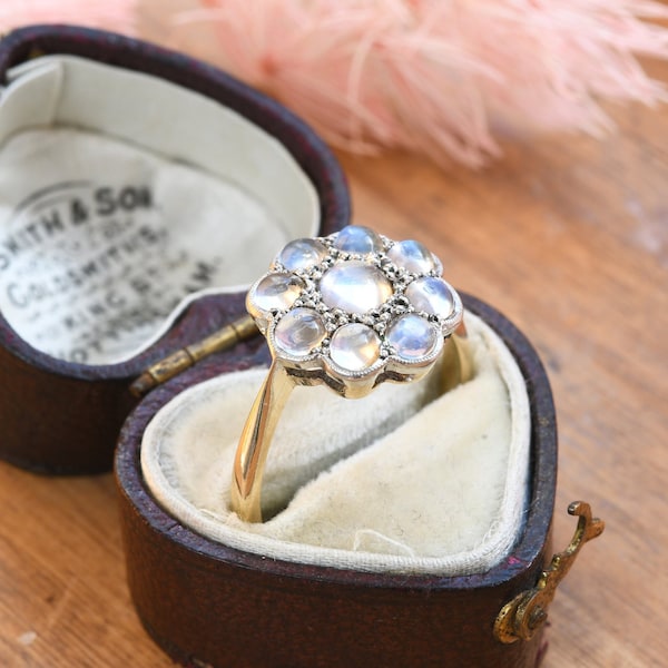 Antique 9ct Gold Moonstone Flower Ring - Edwardian Floral Cluster Ring | Statement Cocktail Jewellery | UK Size - P | US Size - 7 1/2