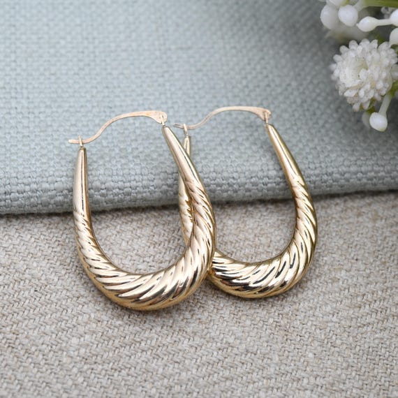 Vintage 9ct Gold Large Hoop Earrings 1980s Big Oval Hoops