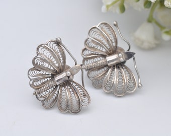 Vintage Indian Silver Screw-Back Butterfly Earrings - Statement Filigree Animals