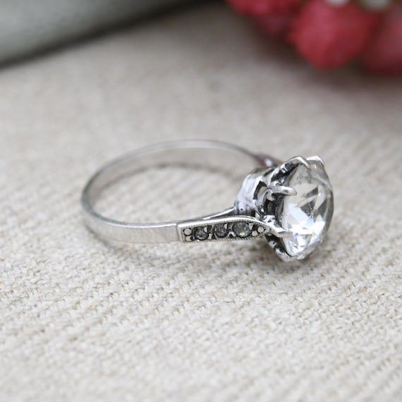 Vintage Silver Clear Paste Solitaire Ring - Large… - image 8