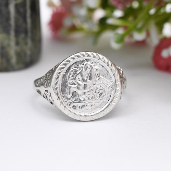 Vintage Sterling Silver Saint George and the Dragon Signet Ring 