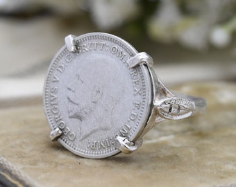 Vintage Sterling Zilver George V Threepence 1935 Signet Ring - Britse koninklijke familie sieraden | Britse maat - N | Amerikaanse maat - 6 1/2