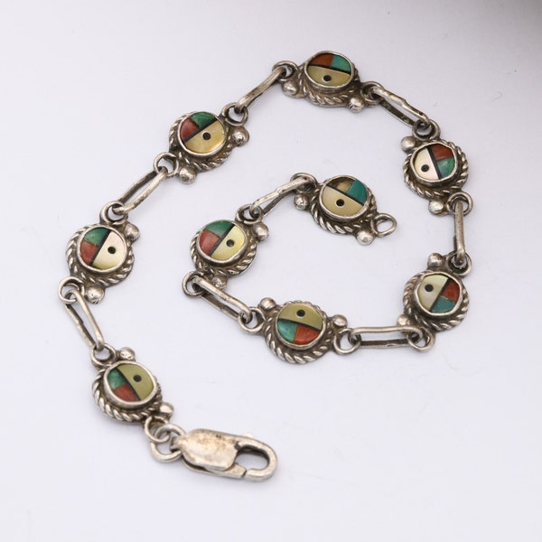 Vintage Zuni Sunface Sterling Silver Panel Bracelet - Turquoise Coral Mother of Pearl Inlay | Blue Red White