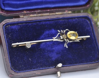 Antique Sterling Silver Spider Brooch Set with Citrine Paste