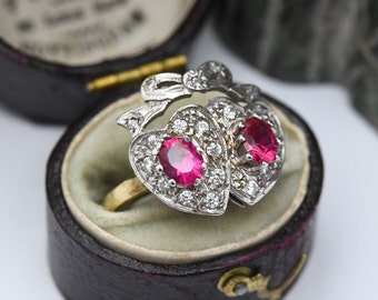 Vintage Sterling Silver Ruby Crossed Hearts and Bow Ring with Clear Stones - Gold Plated Band Statement Ring | UK Size - P | US Size - 7 1/2