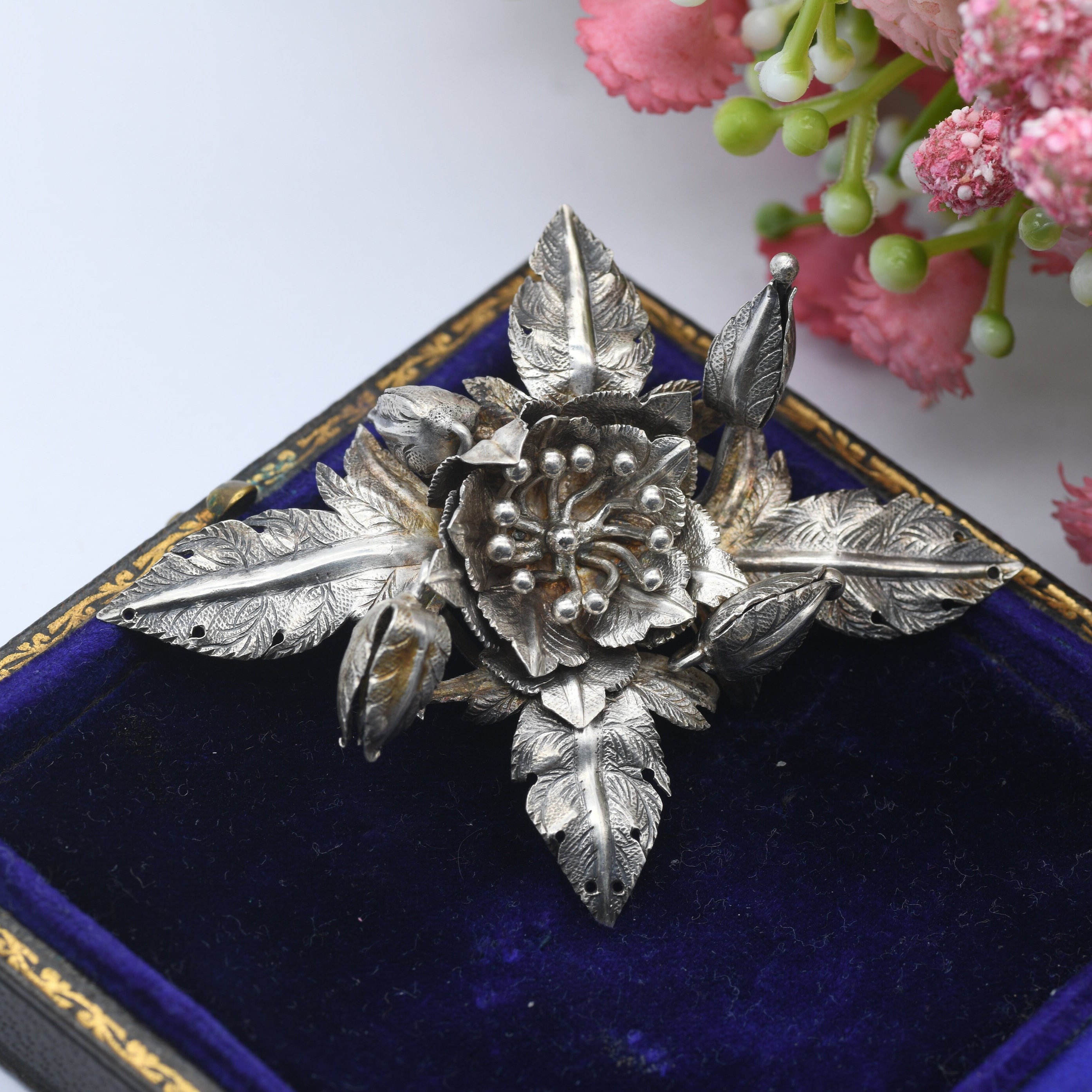 Broche Ancienne Fleur Feuille Argent Massif 925 - Bijou Vintage #A6 - Occasion