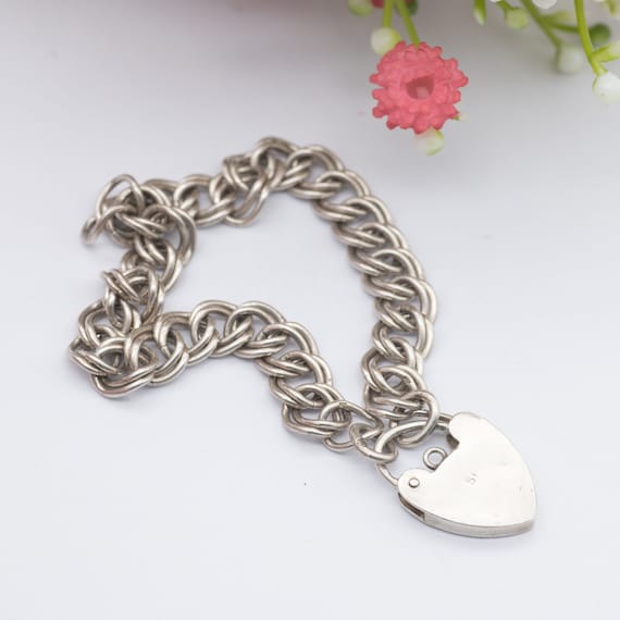 Vintage Sterling Silver Heart Padlock Clasp Chain… - image 5
