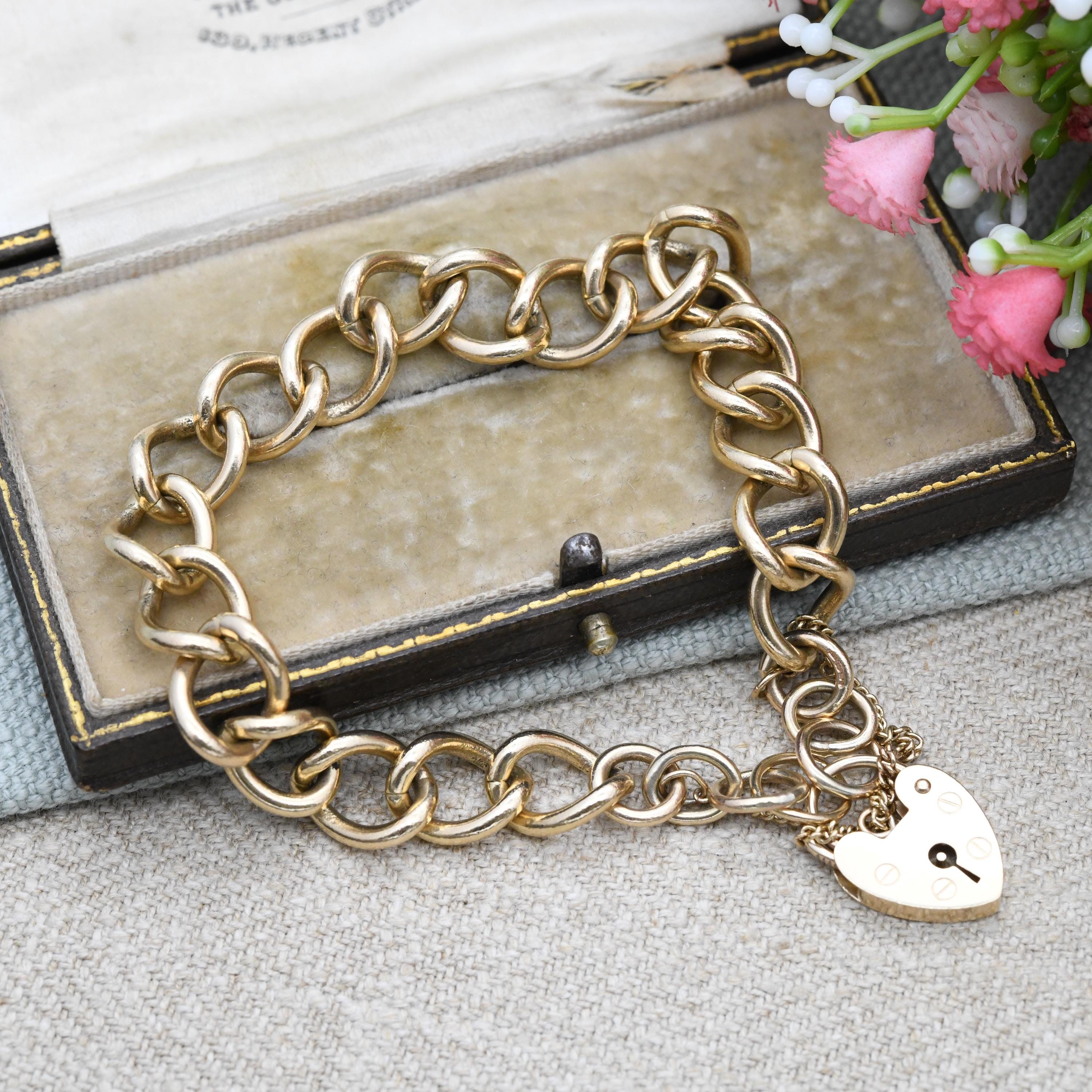Vintage 9ct Gold Heart Padlock Clasp Curb Link Chain Bracelet With